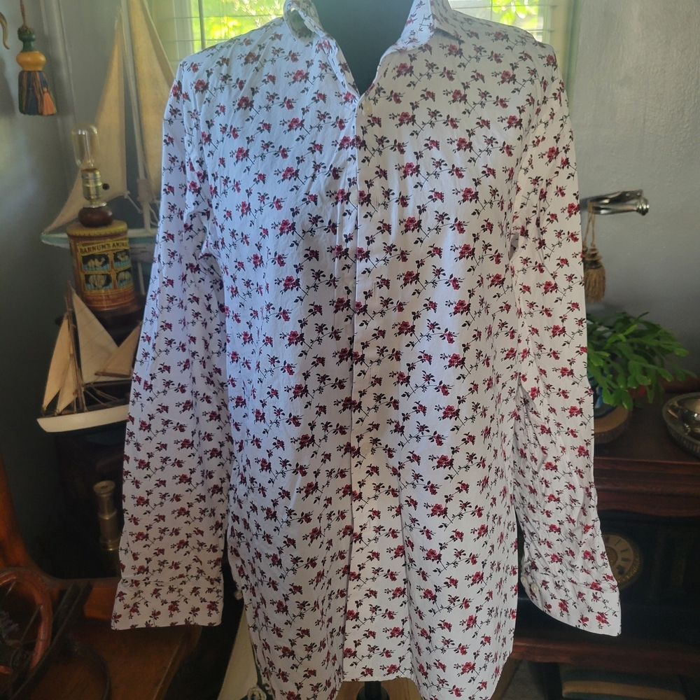 Express White and Red Floral Casual Shirt